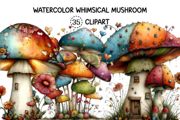 Enchant Your Designs with Watercolor Whimsical Mushroom Clipart